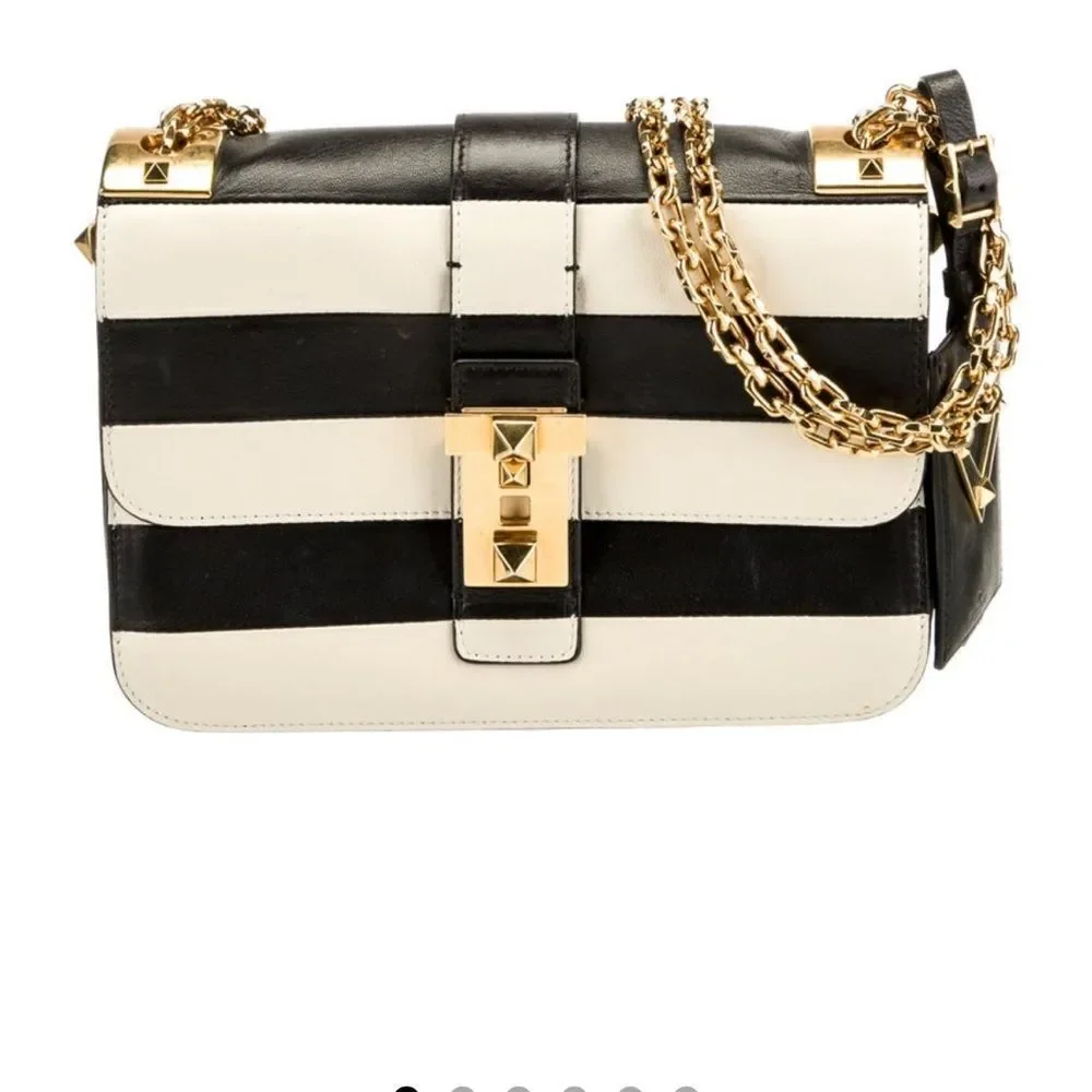 Valentino Garavani Napa Striped B-Rockstud Shoulder Bag with Gold Chain Strap